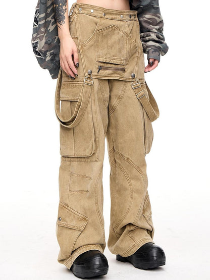 Peoplesense Detachable Multi Pocket Vintage Jumpsuit In Beige