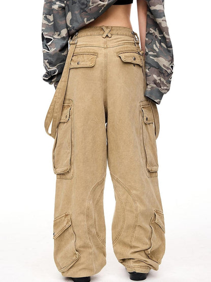 Peoplesense Detachable Multi Pocket Vintage Jumpsuit In Beige