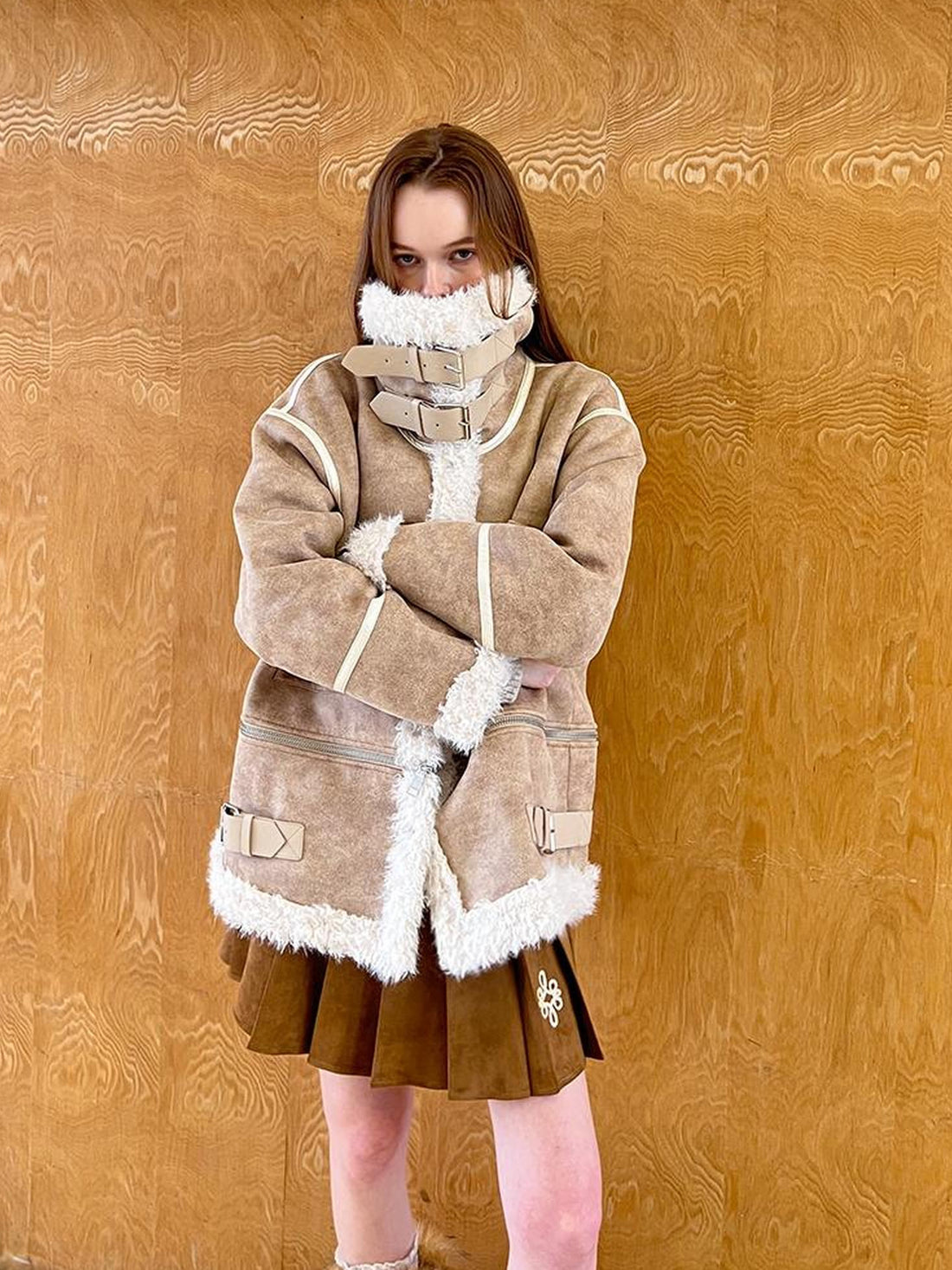 DIDDI MODA Detachable Reversible Faux Leather Shearling Coat With Oversized Collar