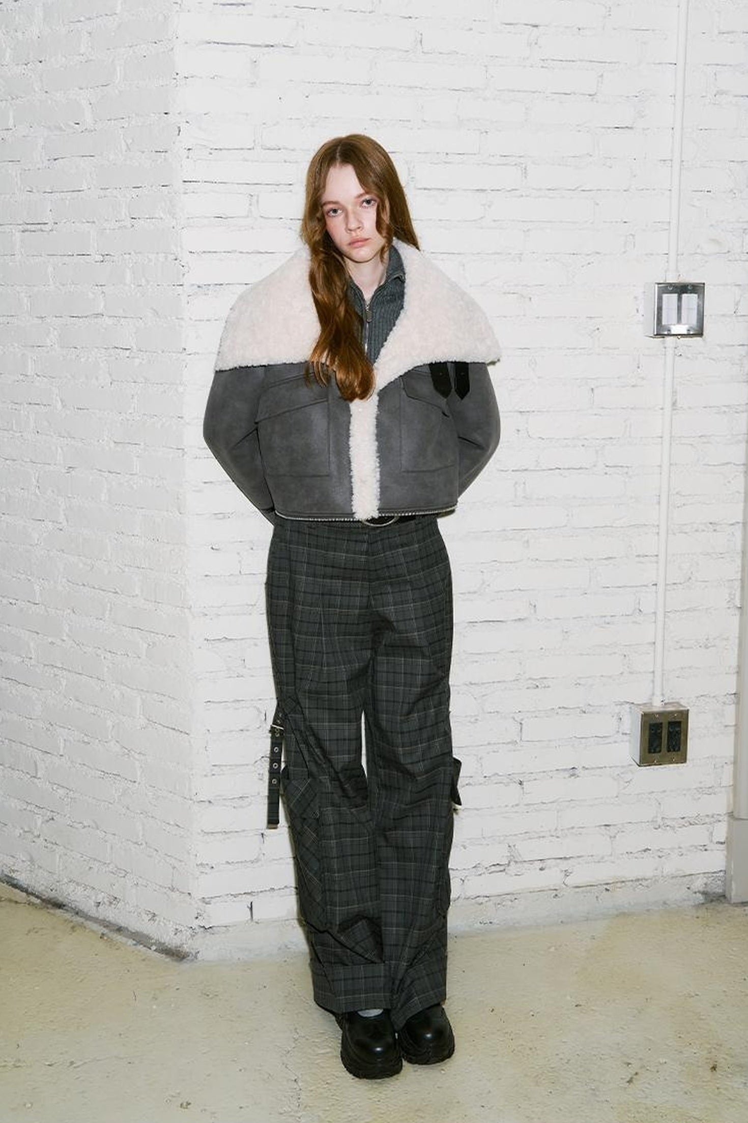 DIDDI MODA Detachable Reversible Faux Leather Shearling Coat With Oversized Collar