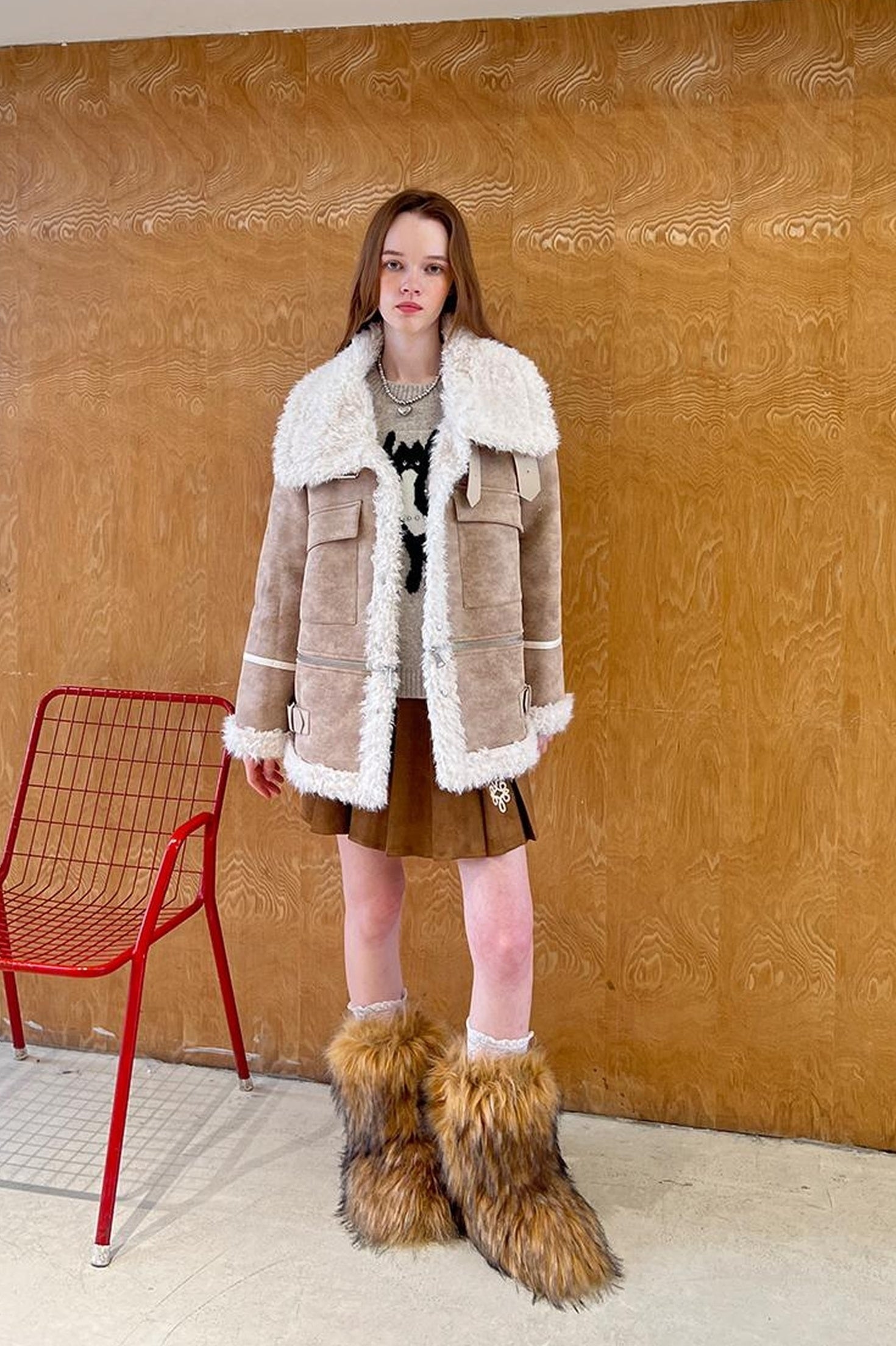 DIDDI MODA Detachable Reversible Faux Leather Shearling Coat With Oversized Collar