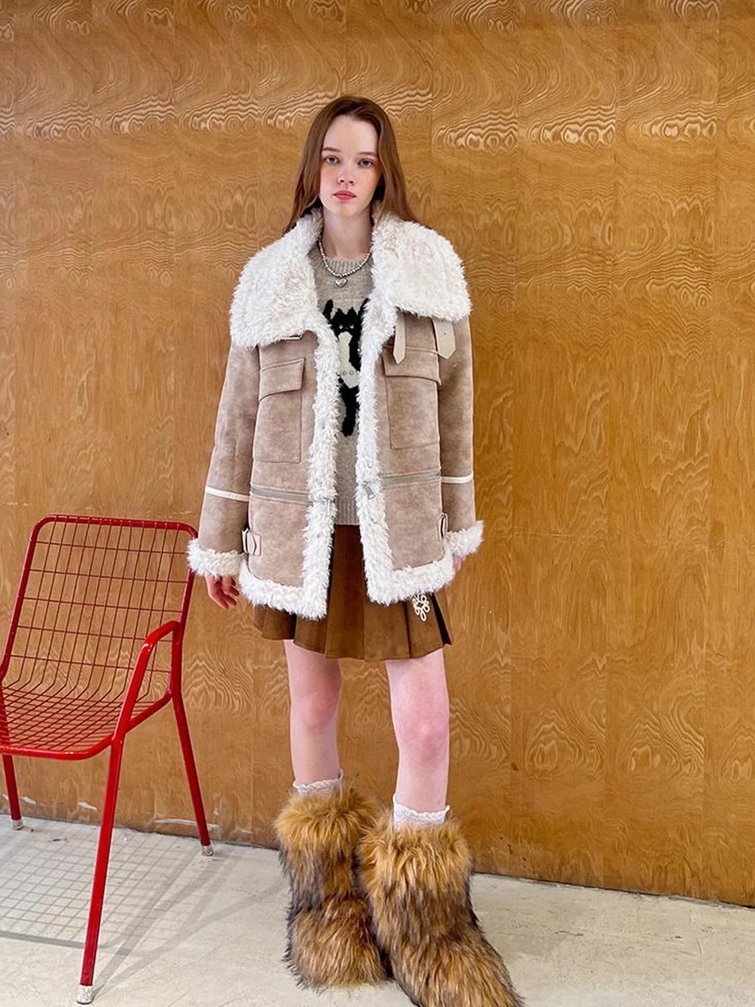 Detachable Reversible Faux Leather Shearling Coat With Oversized Collar