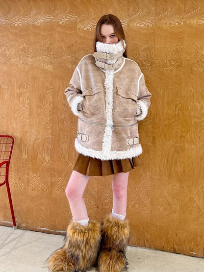 Detachable Reversible Faux Leather Shearling Coat With Oversized Collar