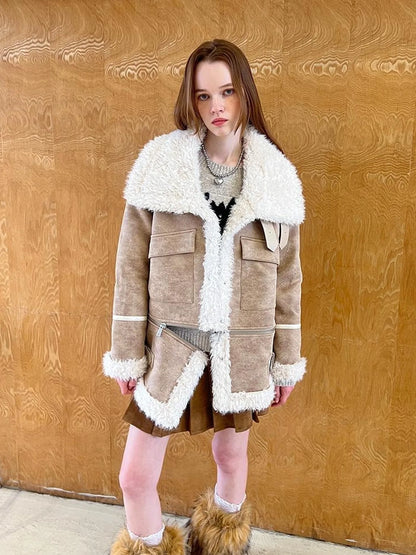 Detachable Reversible Faux Leather Shearling Coat With Oversized Collar