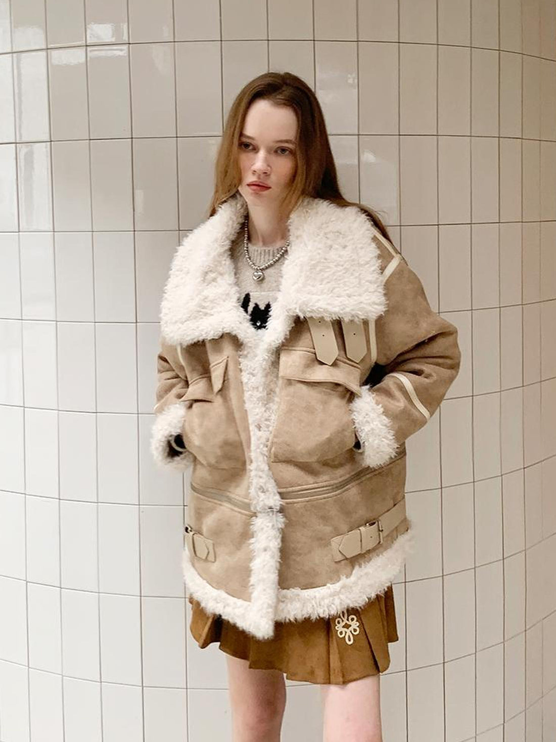 DIDDI MODA Detachable Reversible Faux Leather Shearling Coat With Oversized Collar