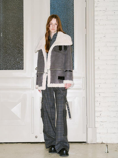 DIDDI MODA Detachable Reversible Faux Leather Shearling Coat With Oversized Collar