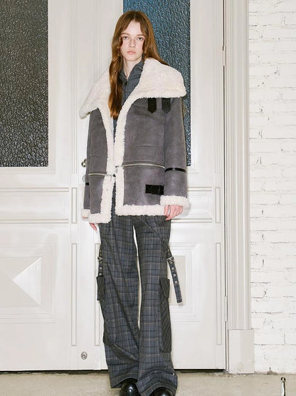 Detachable Reversible Faux Leather Shearling Coat With Oversized Collar