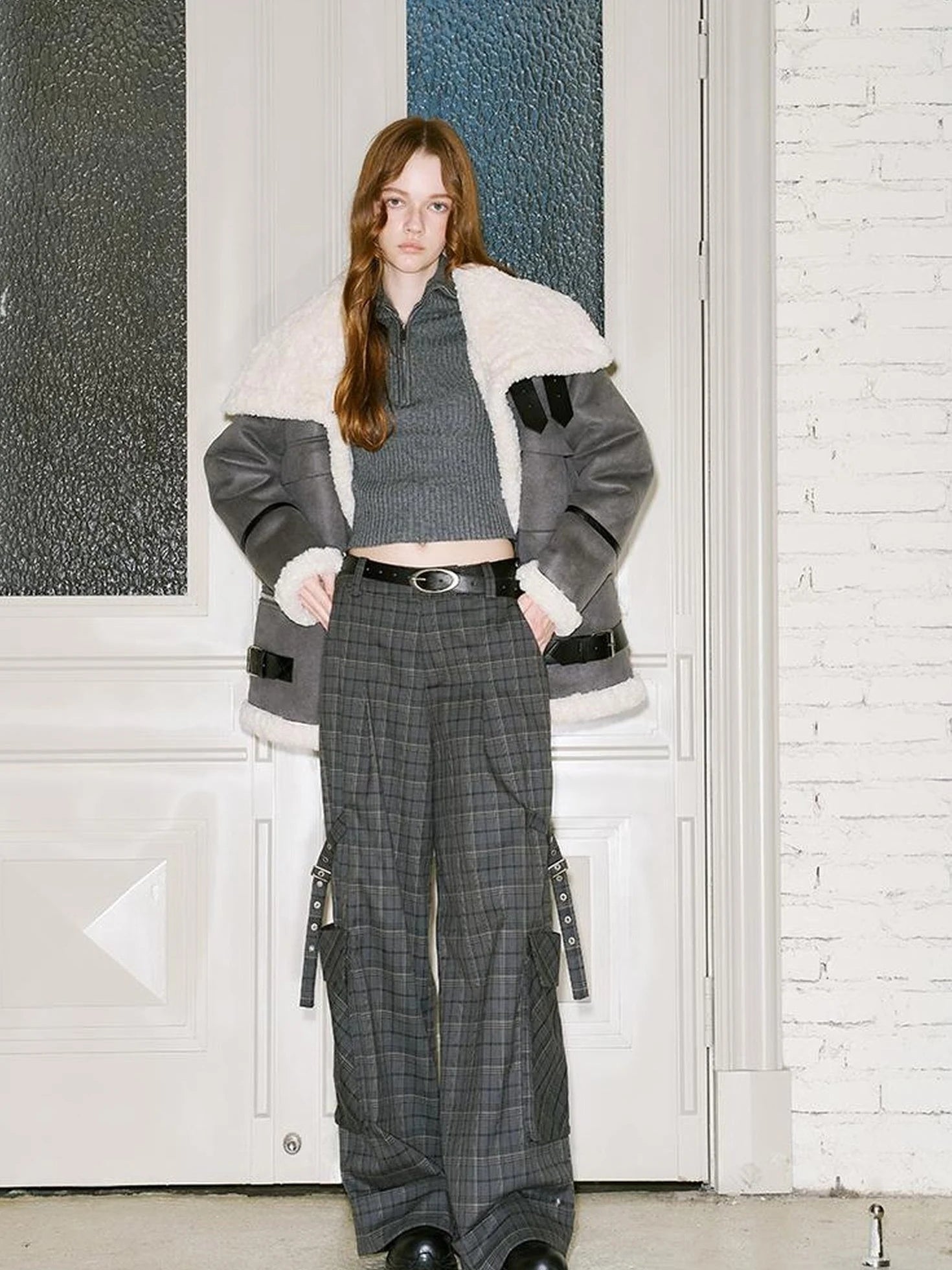 Detachable Reversible Faux Leather Shearling Coat With Oversized Collar