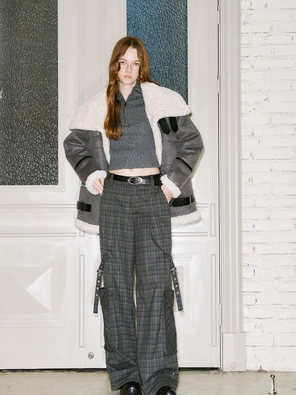 Detachable Reversible Faux Leather Shearling Coat With Oversized Collar