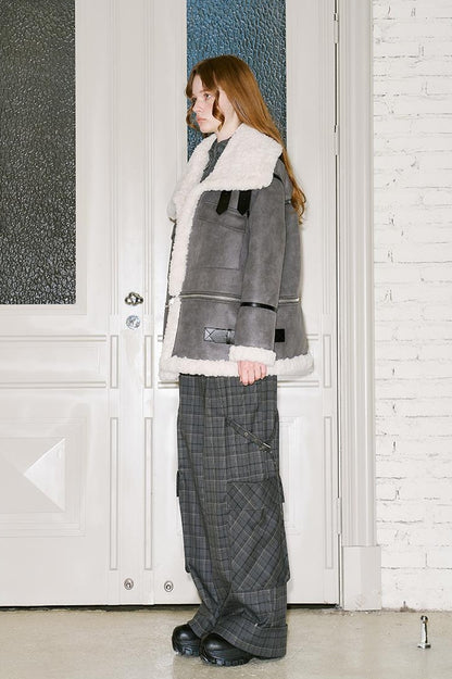 DIDDI MODA Detachable Reversible Faux Leather Shearling Coat With Oversized Collar