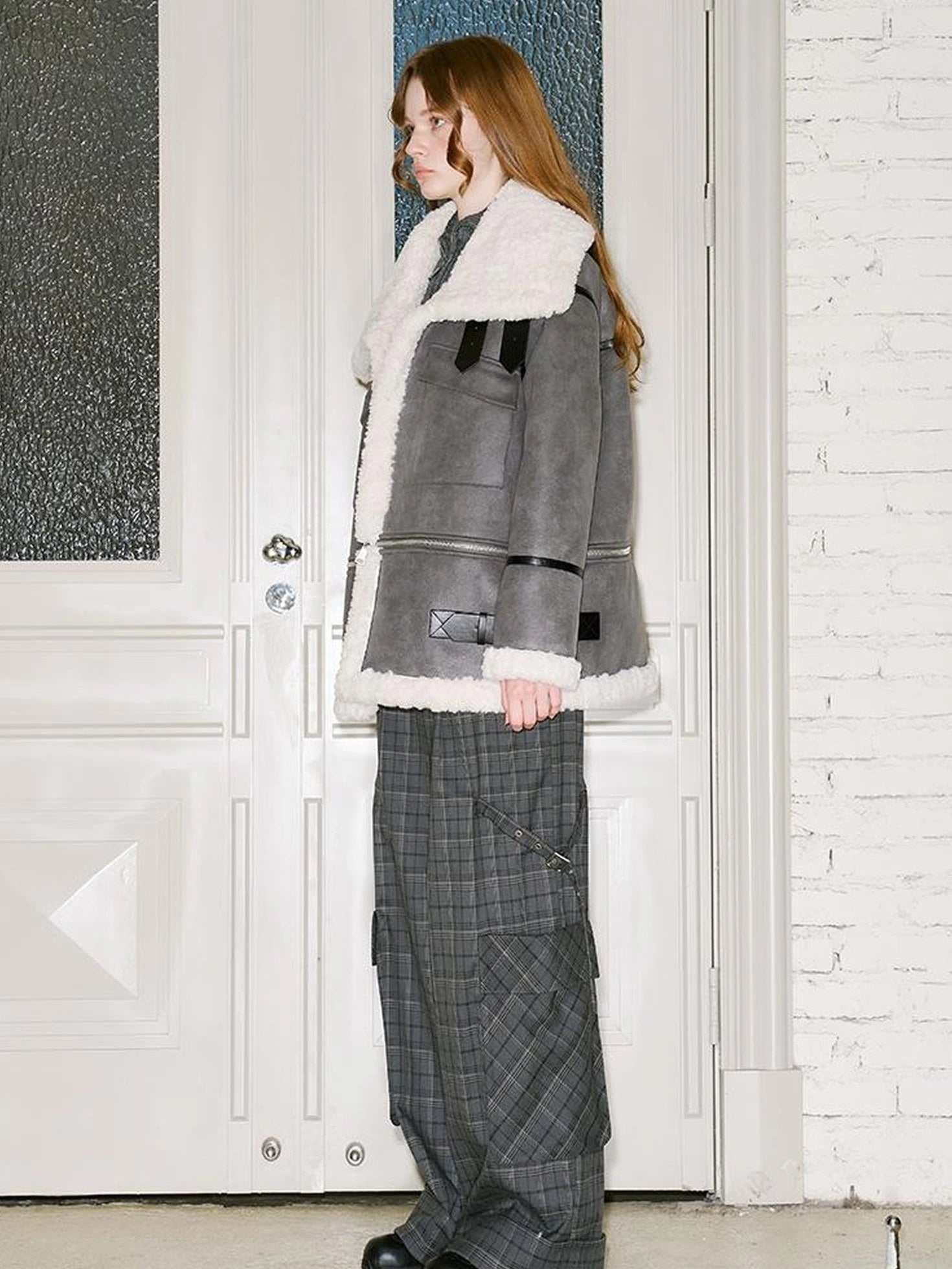 Detachable Reversible Faux Leather Shearling Coat With Oversized Collar
