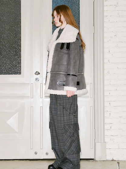 Detachable Reversible Faux Leather Shearling Coat With Oversized Collar