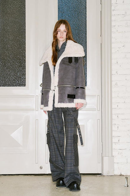 DIDDI MODA Detachable Reversible Faux Leather Shearling Coat With Oversized Collar