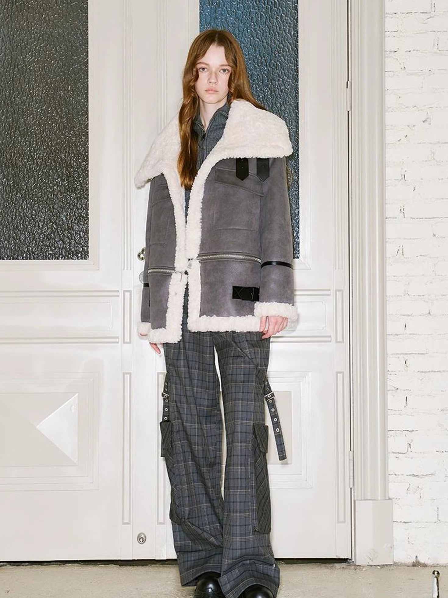Detachable Reversible Faux Leather Shearling Coat With Oversized Collar