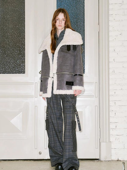 Detachable Reversible Faux Leather Shearling Coat With Oversized Collar