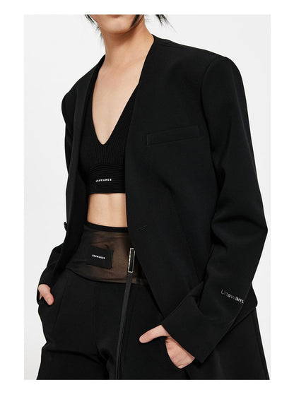 Detachable Strap Collarless Wide-Shoulder Single-Breast Blazer