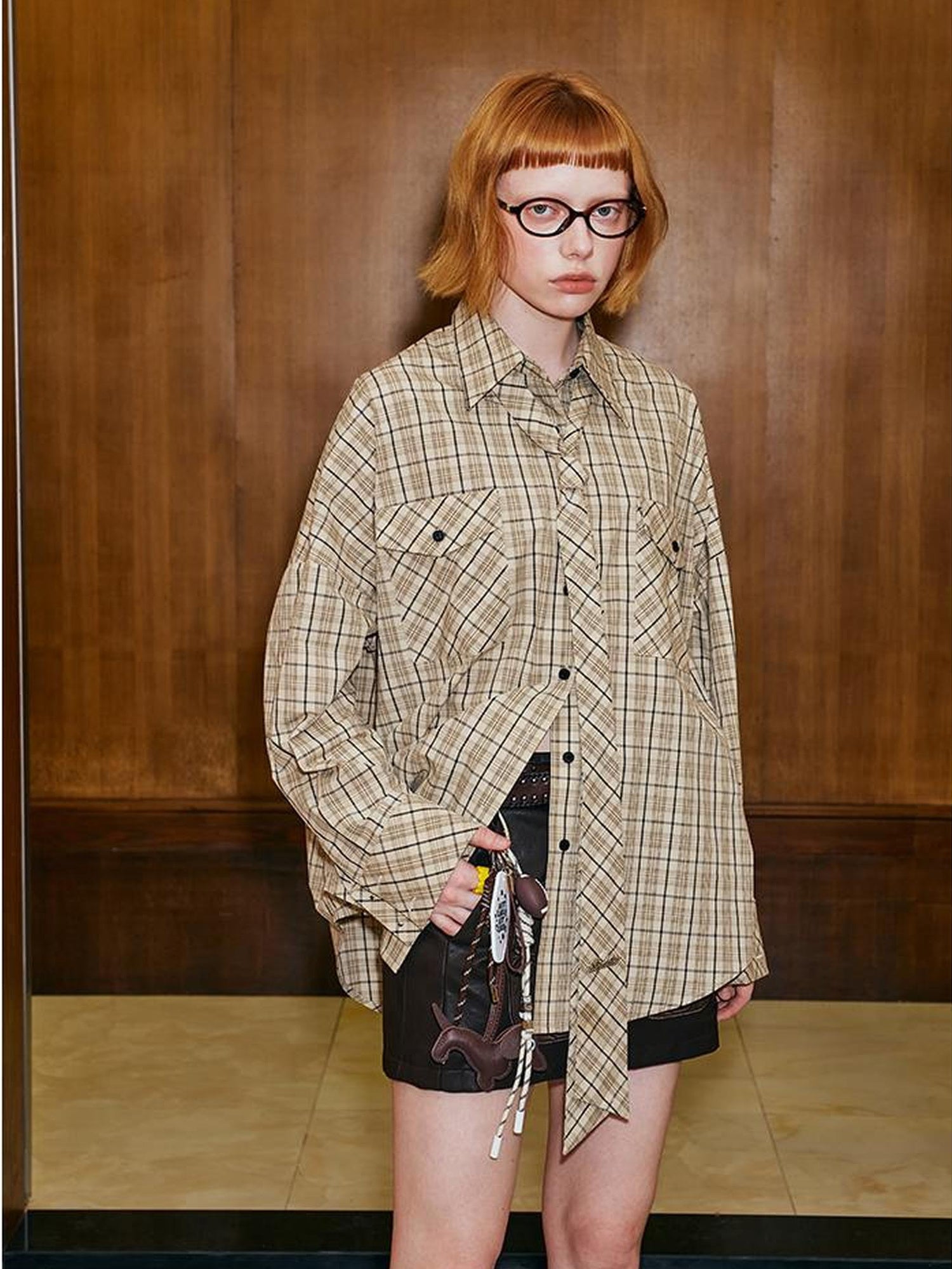 DIDDI MODA Detachable Tie Plaid Shirt Loose Fit Autumn Casual