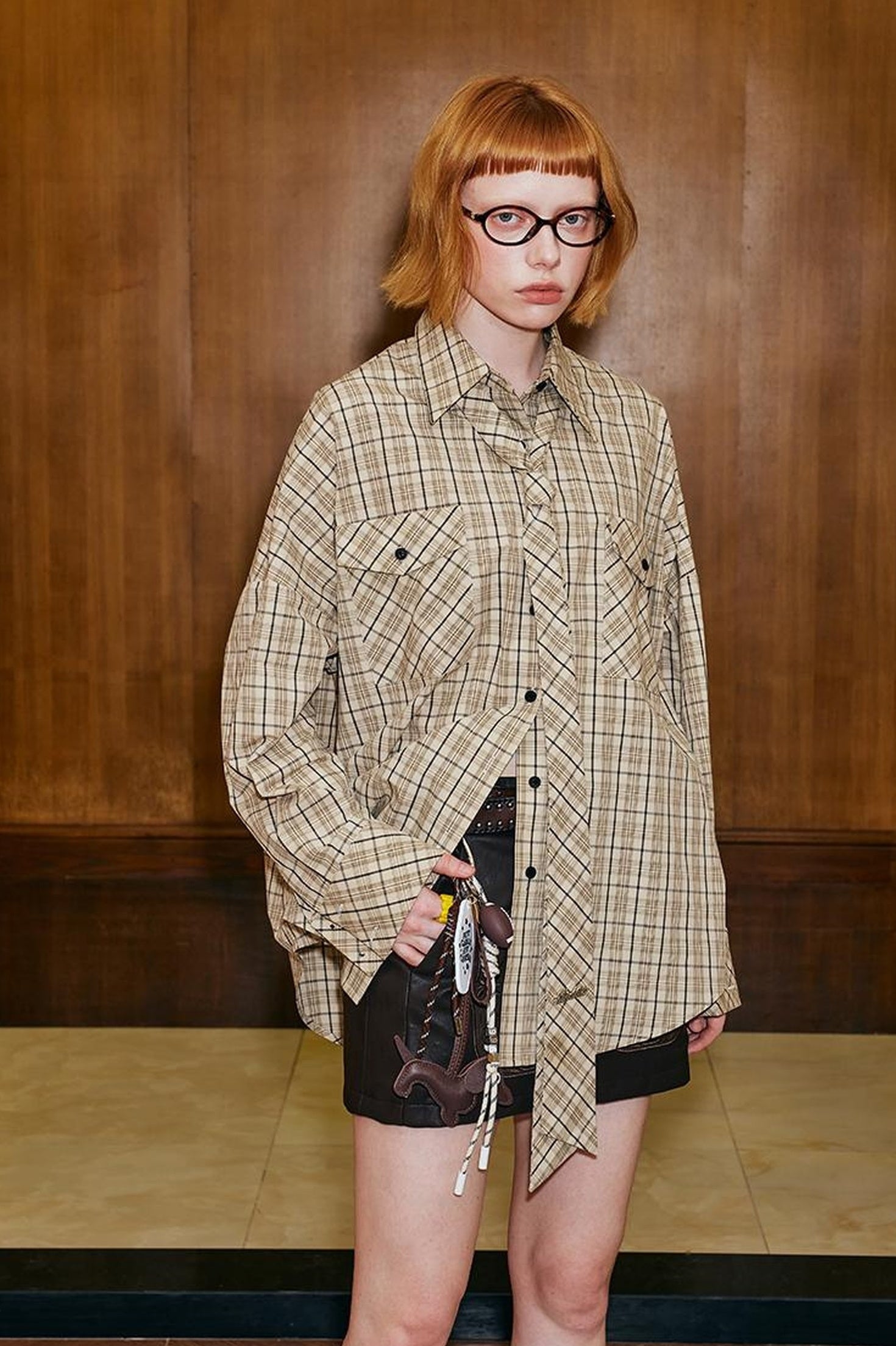 DIDDI MODA Detachable Tie Plaid Shirt Loose Fit Autumn Casual