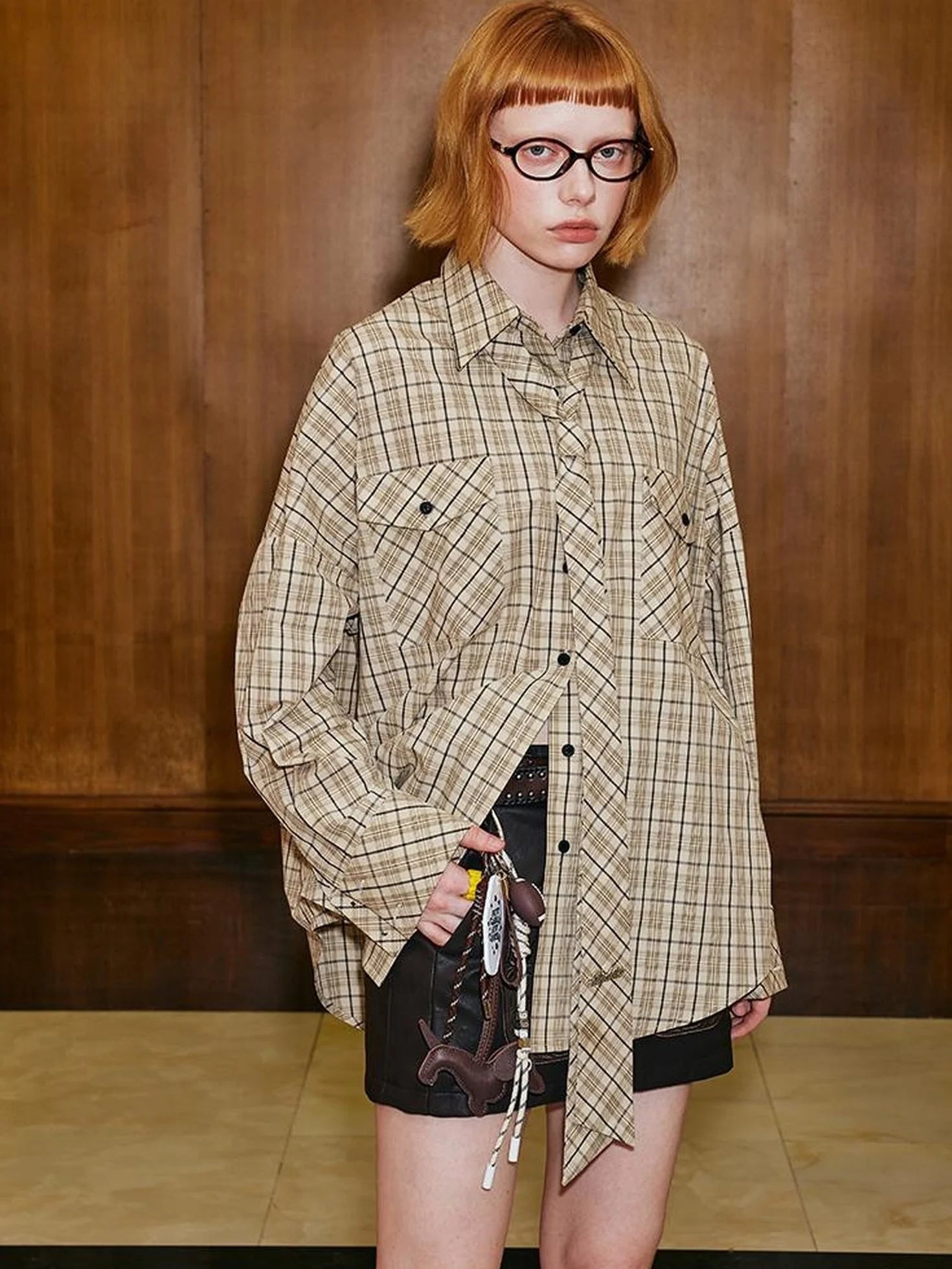 Detachable Tie Plaid Shirt Loose Fit Autumn Casual