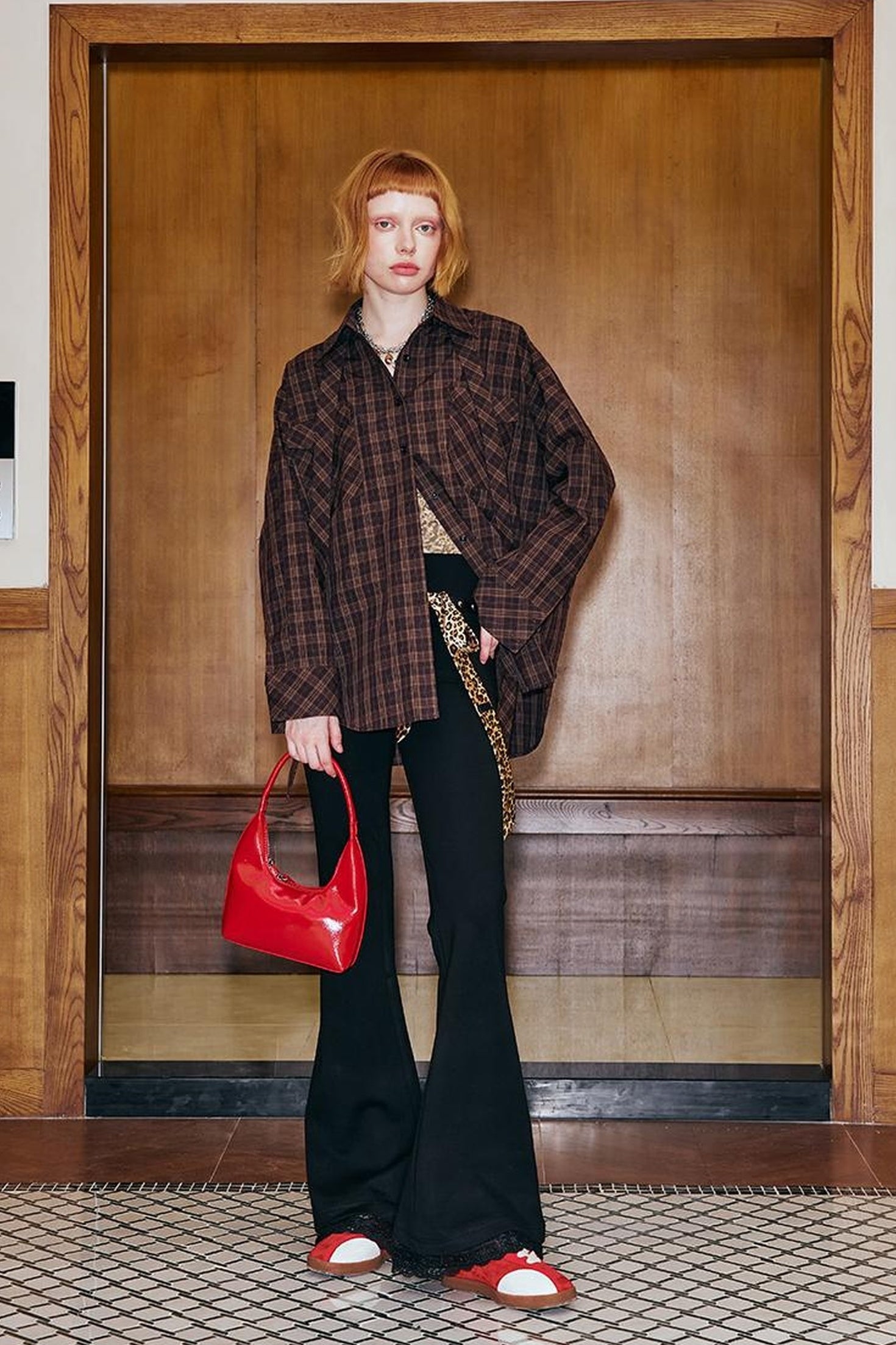 DIDDI MODA Detachable Tie Plaid Shirt Loose Fit Autumn Casual