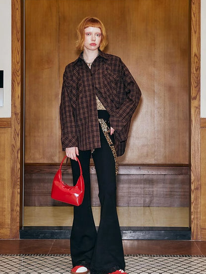 Detachable Tie Plaid Shirt Loose Fit Autumn Casual