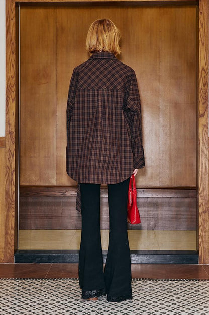 DIDDI MODA Detachable Tie Plaid Shirt Loose Fit Autumn Casual