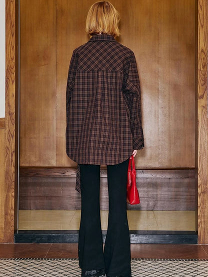 Detachable Tie Plaid Shirt Loose Fit Autumn Casual