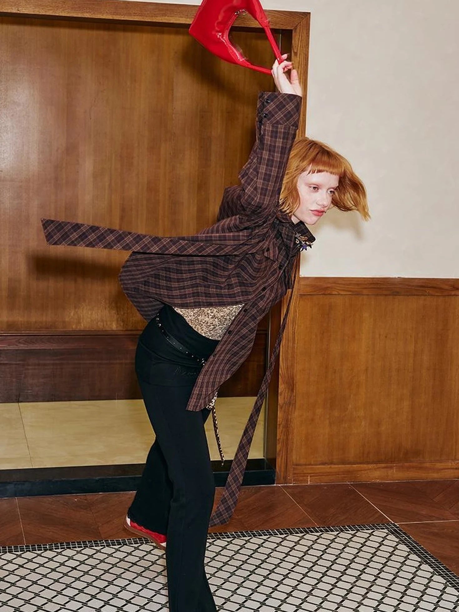 Detachable Tie Plaid Shirt Loose Fit Autumn Casual