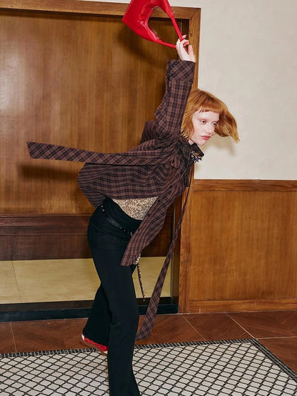 Detachable Tie Plaid Shirt Loose Fit Autumn Casual