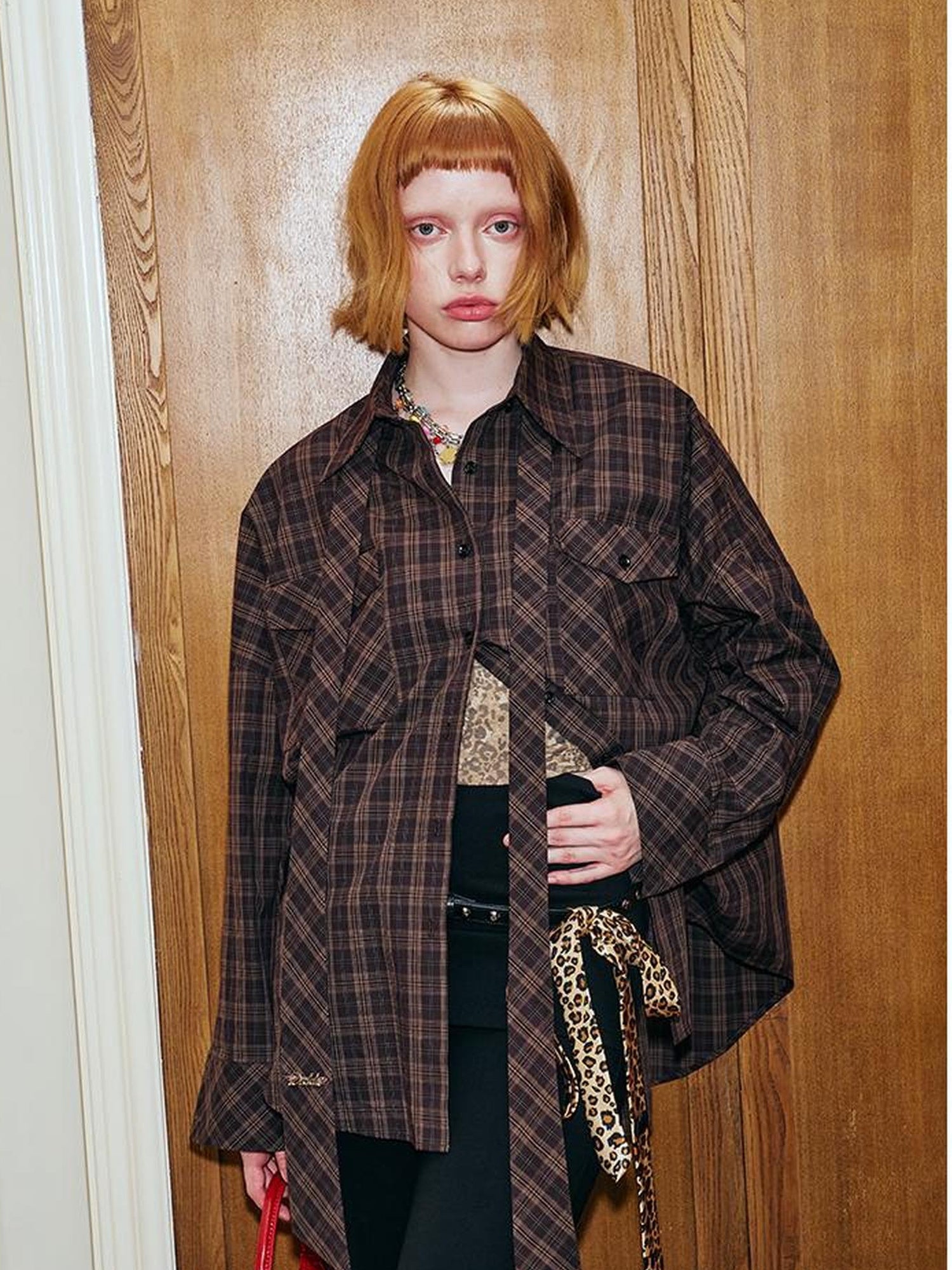 DIDDI MODA Detachable Tie Plaid Shirt Loose Fit Autumn Casual