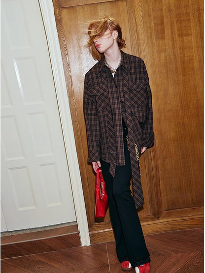 DIDDI MODA Detachable Tie Plaid Shirt Loose Fit Autumn Casual