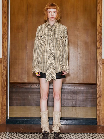 Detachable Tie Plaid Shirt Loose Fit Autumn Casual