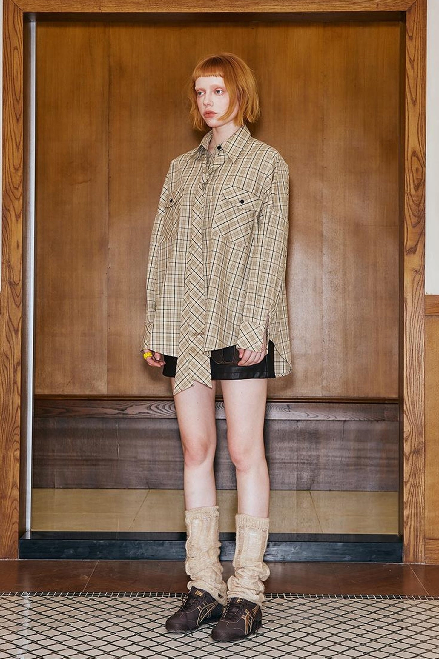 DIDDI MODA Detachable Tie Plaid Shirt Loose Fit Autumn Casual