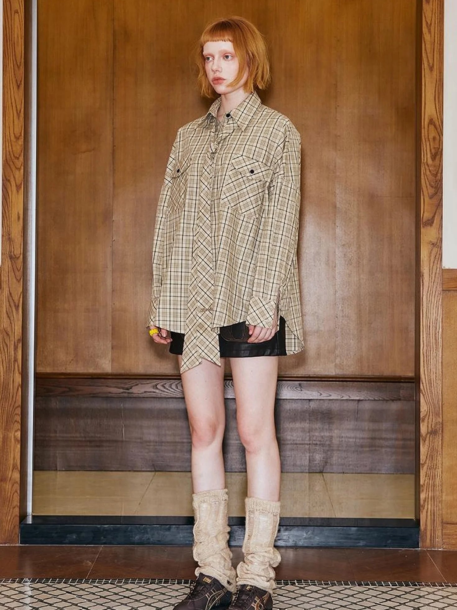 Detachable Tie Plaid Shirt Loose Fit Autumn Casual