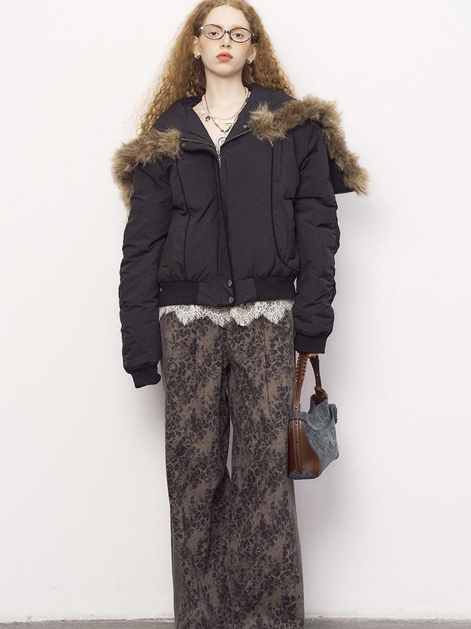 DIDDI MODA Detachable Zip Cape Hooded Short Puffer Jacket
