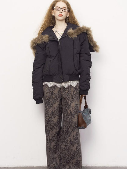 DIDDI MODA Detachable Zip Cape Hooded Short Puffer Jacket
