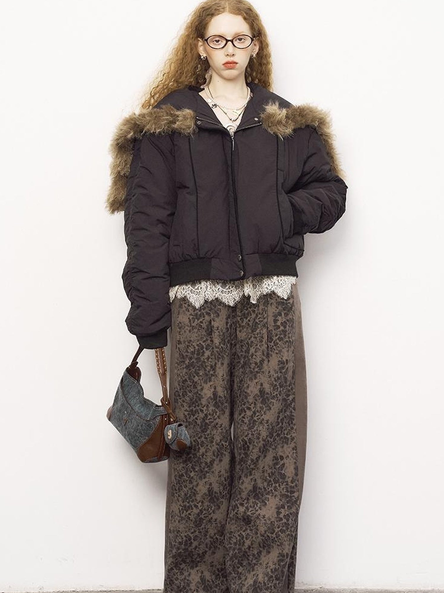 DIDDI MODA Detachable Zip Cape Hooded Short Puffer Jacket