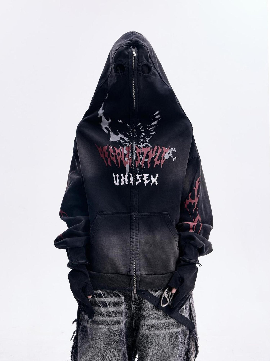 Peoplesense Dirty Dye Mask Detachable Glove Hooded Cotton Sweatshirt