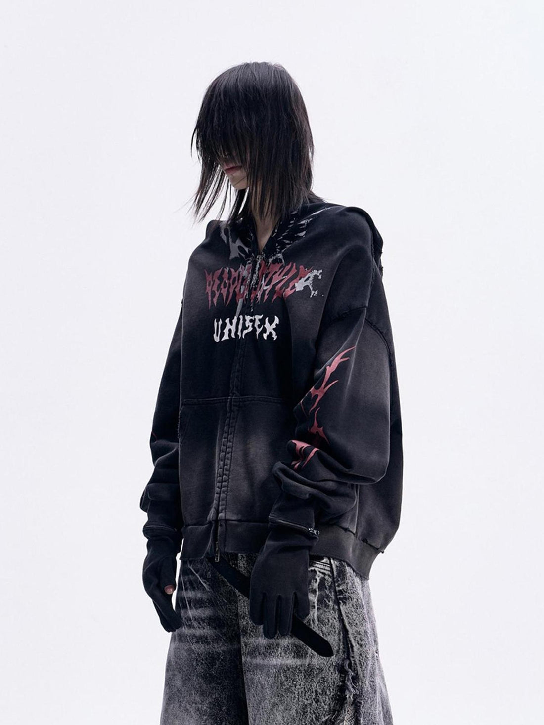 Peoplesense Dirty Dye Mask Detachable Glove Hooded Cotton Sweatshirt