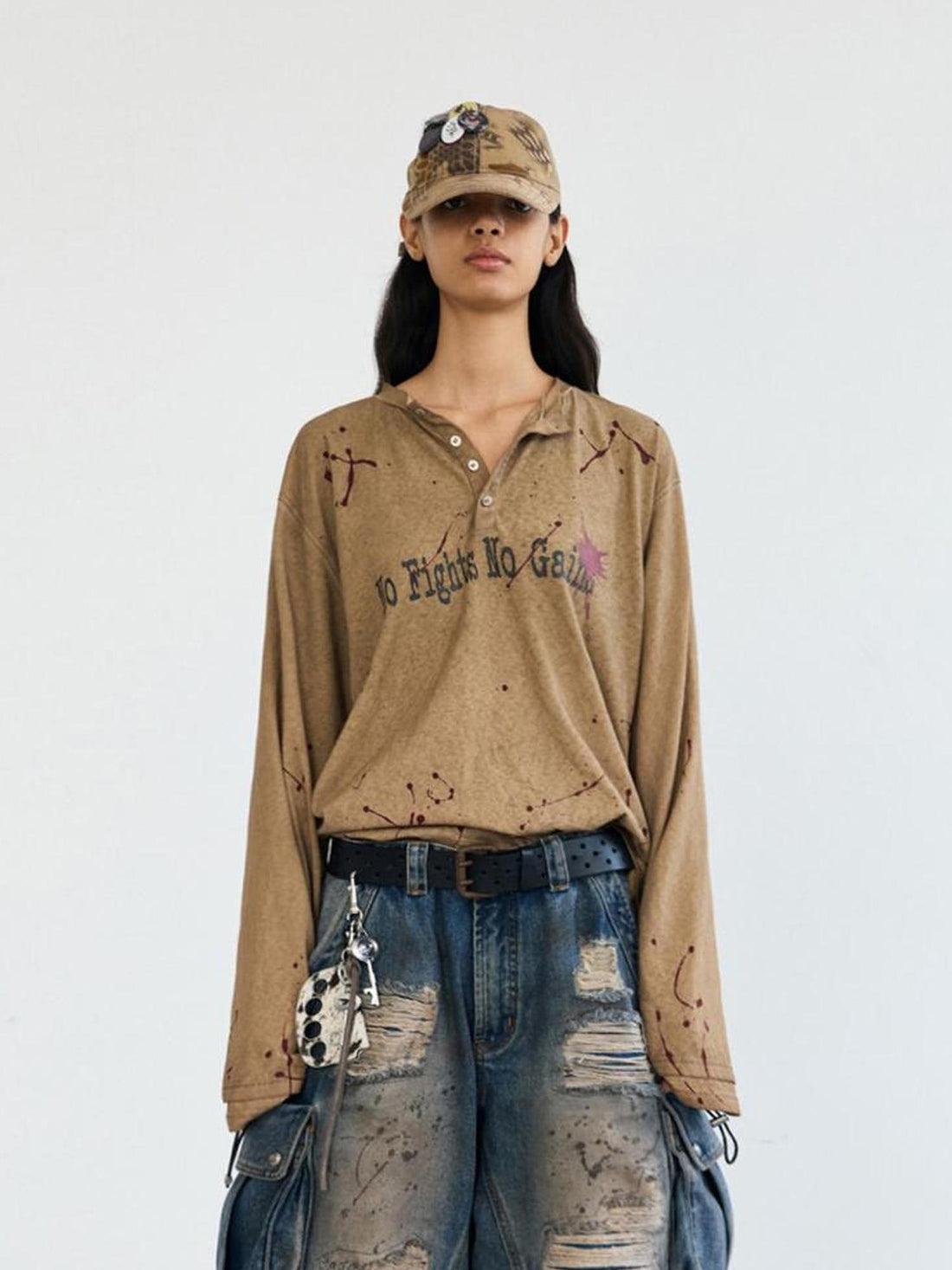 Peoplesense Dirty Ink Splatter Long Sleeve Tee Loose Fit Unisex Washed Cotton