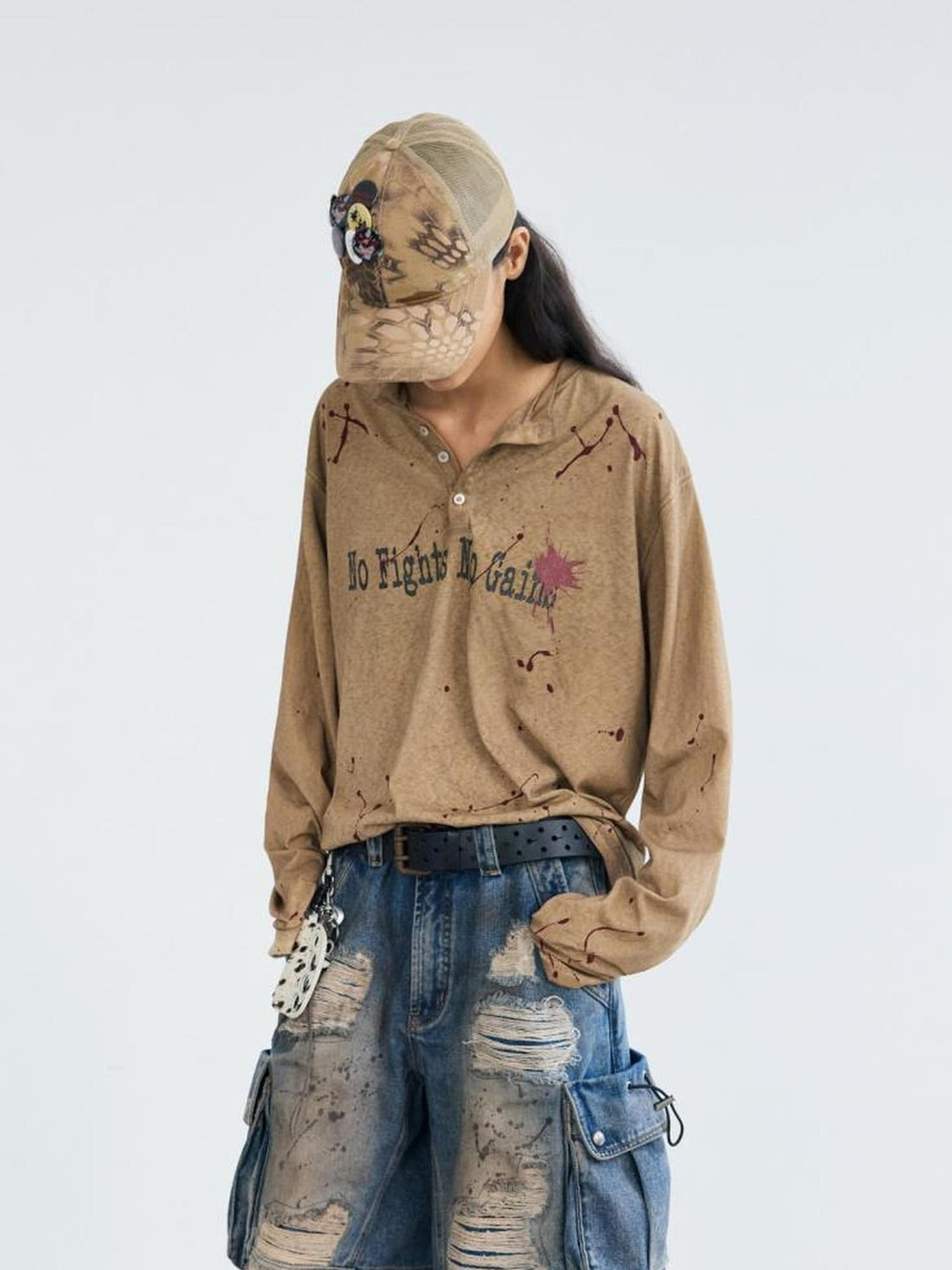 Peoplesense Dirty Ink Splatter Long Sleeve Tee Loose Fit Unisex Washed Cotton