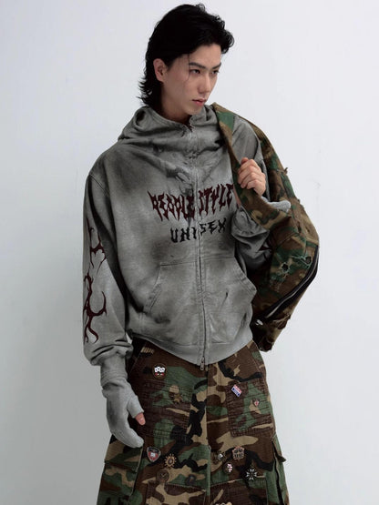 Peoplesense Dirty Wash Detachable Hoodie Distressed Oversized Sweatshirt