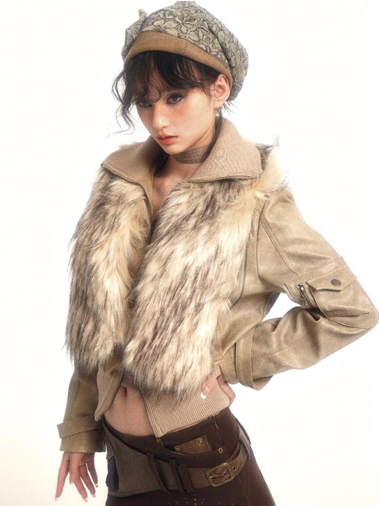 Flowers birds Market Disassembled Eco-Friendly Fur Windproof Short Leather Jacket