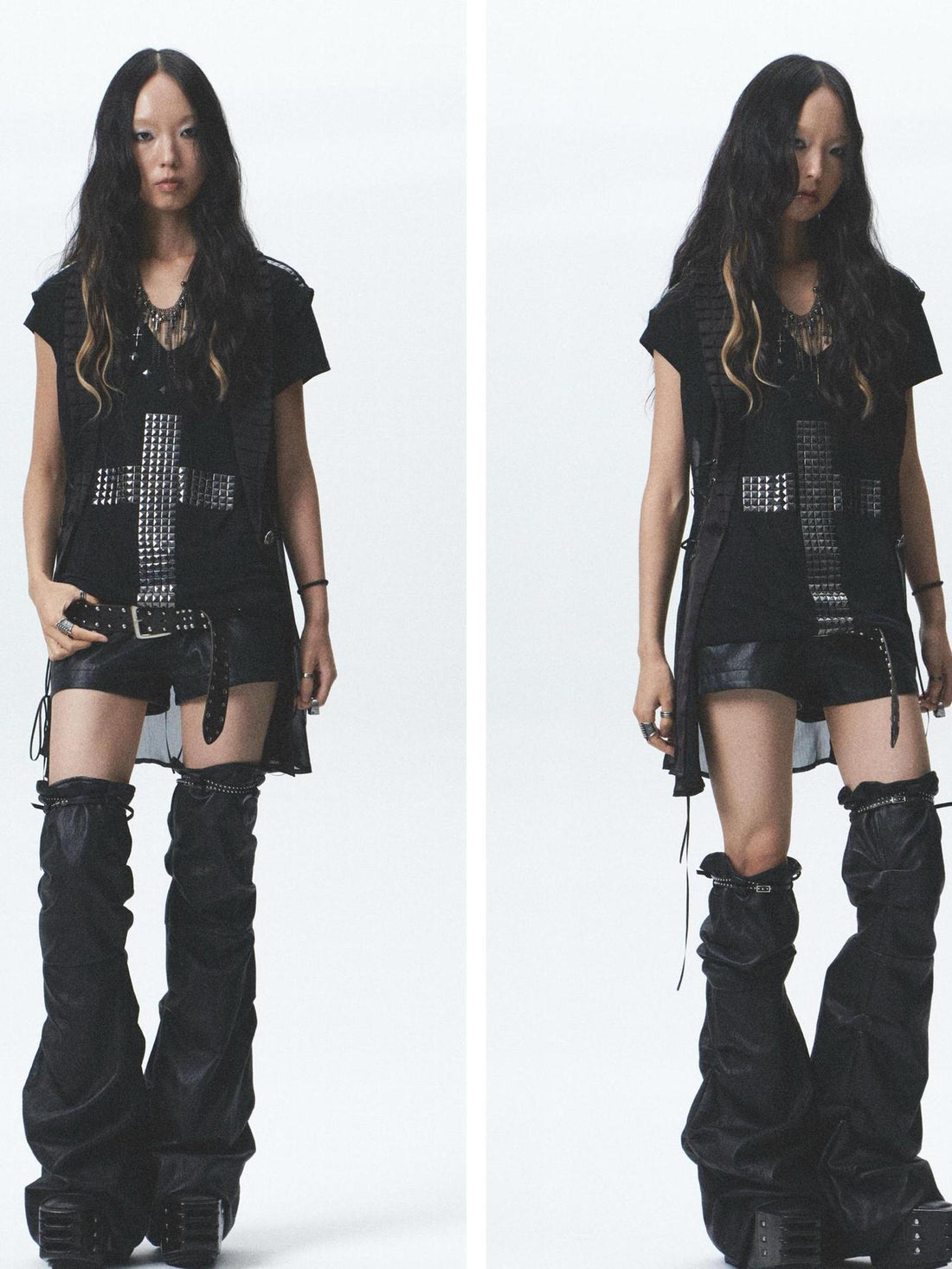 NONAME SPACE Distressed Asymmetrical Shorts With Detachable Leg Warmers And Belt