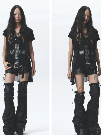 Distressed Asymmetrical Shorts With Detachable Leg Warmers And Belt