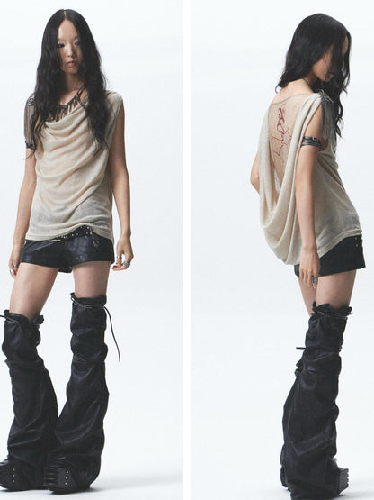 NONAME SPACE Distressed Asymmetrical Shorts With Detachable Leg Warmers And Belt