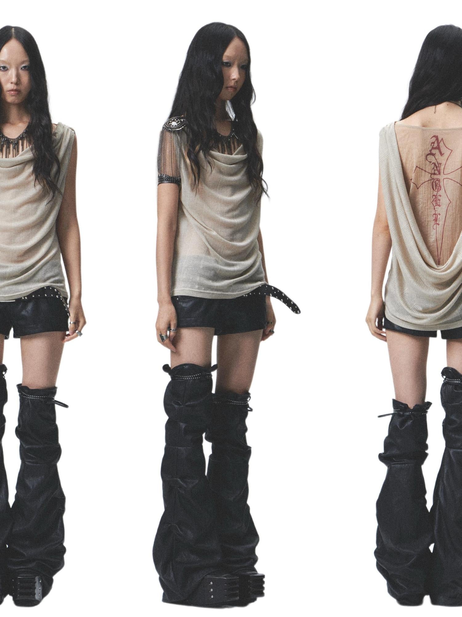 NONAME SPACE Distressed Asymmetrical Shorts With Detachable Leg Warmers And Belt