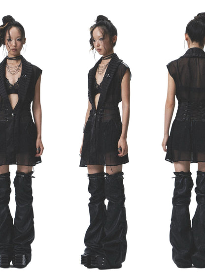 NONAME SPACE Distressed Asymmetrical Shorts With Detachable Leg Warmers And Belt