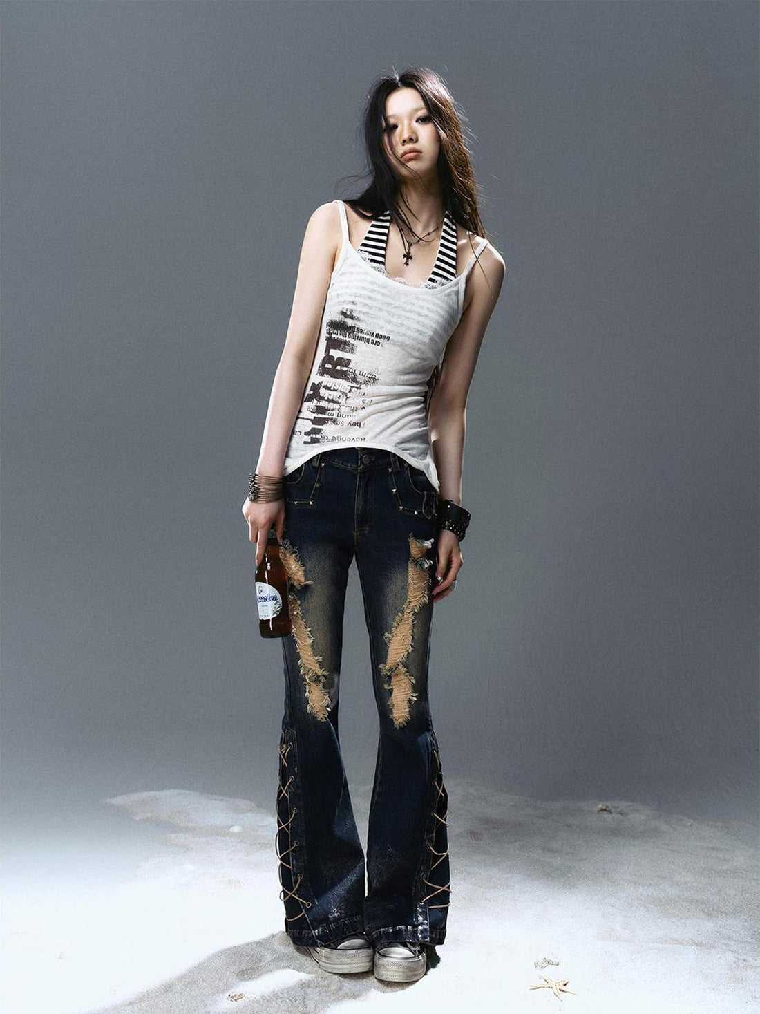 Cest Nous Distressed Low-Rise Flared Jeans For Women Stretch Washed Denim Pants