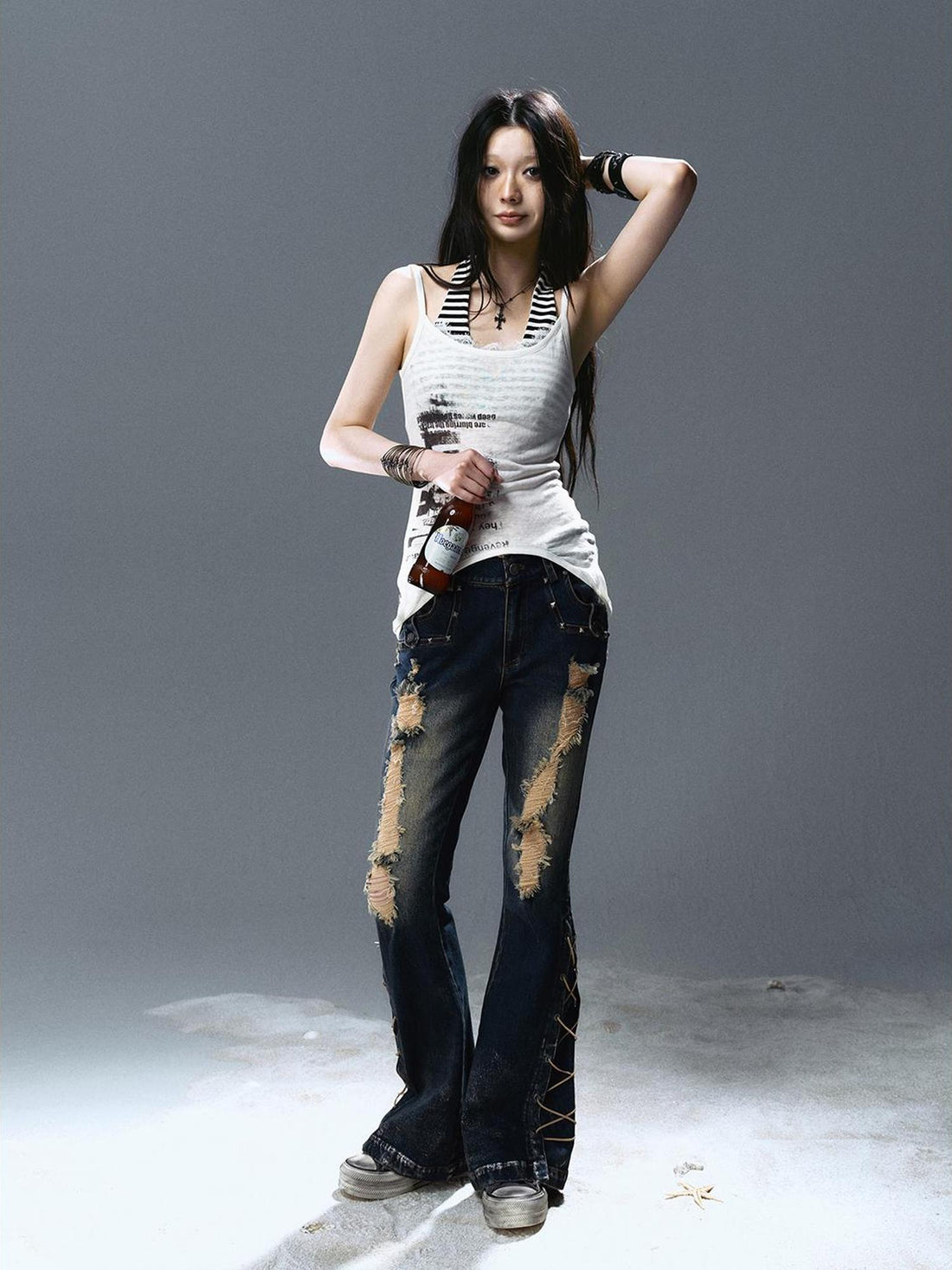 Cest Nous Distressed Low-Rise Flared Jeans For Women Stretch Washed Denim Pants